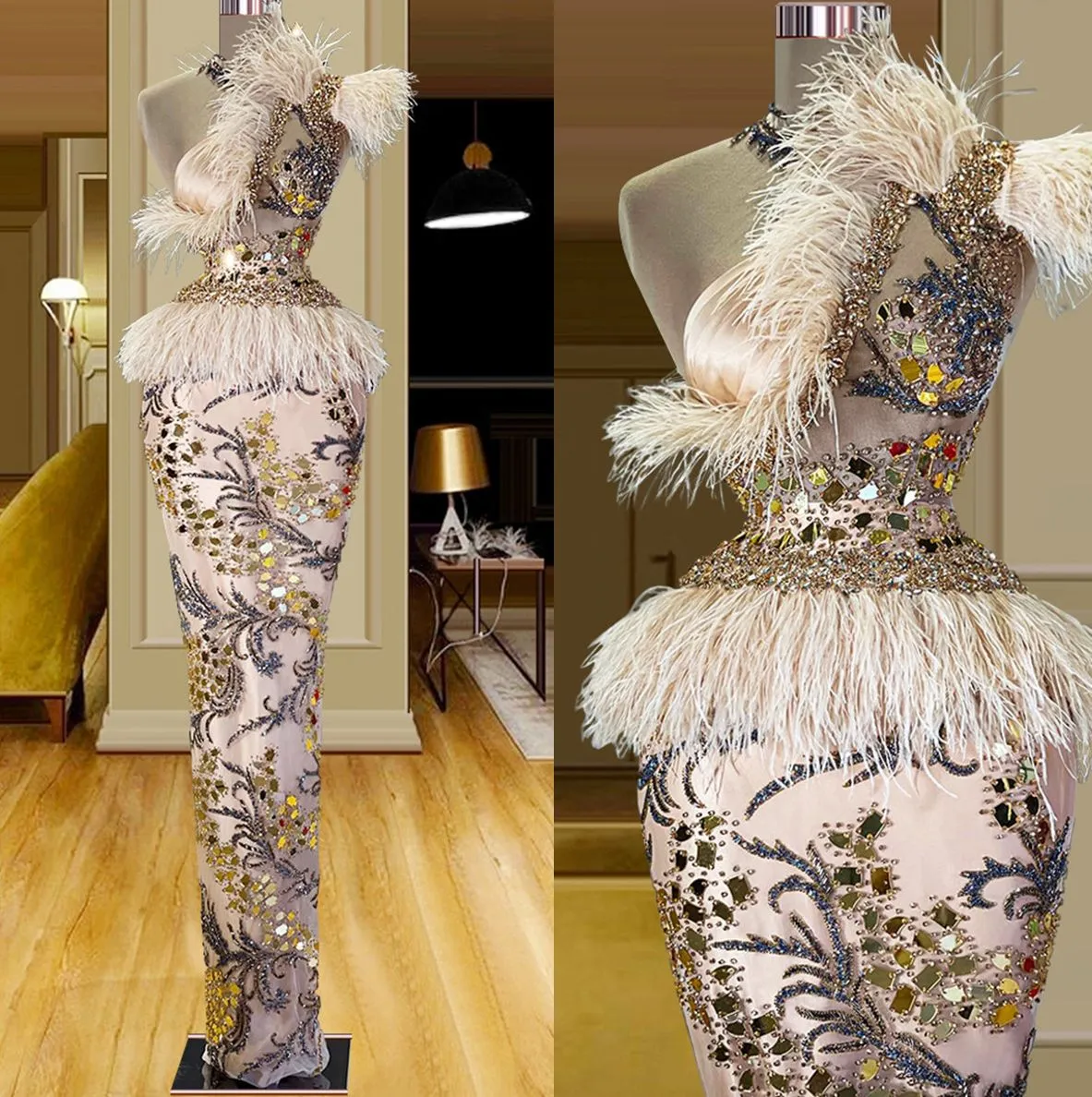 Mermaid Beaded Tassels Prom Dress with Feathers for Long Sleeves