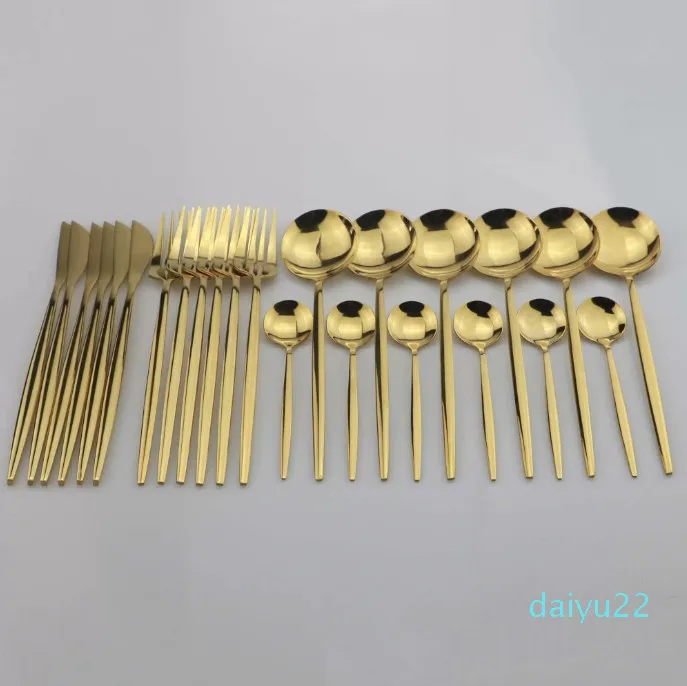 2022 NOUVEAU 24 PCS GOLD MINDEDYTYSE Set Mirror Cutlery Table Varelle 304 En acier inoxydable Fl￩ware Western Aperware Kitchen D￮ner Couteau Spoon Fork Bright Light Top