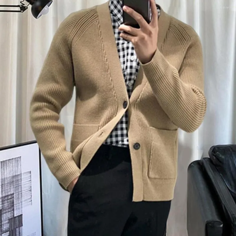 Men's Sweaters Men Sweater Coat Thermal Knitted Solid Color Single-breasted Autumn Elastic V Neck Outwear