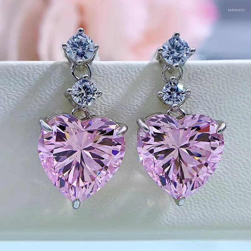 Boucles d'oreilles en argent Sterling S925 pour femmes, bijoux de luxe exquis, paillettes, diamant, cœur, Zircon rose, 12 12mm, 2022