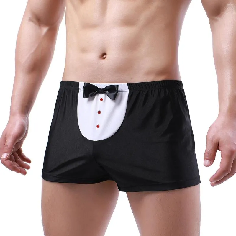 Underbyxor smart-menmode sexig manlig erotisk underkläder båge slips penispåse underkläder tuxedo män boxare långa ben servitör boxershorts