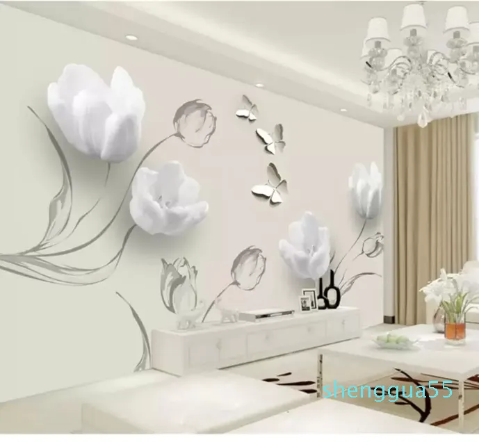 2022 Fondo de pantalla Fashion Simple Tulip Butterfly Behined Bedroom Cocina Decoración del hogar Cubierta de pared