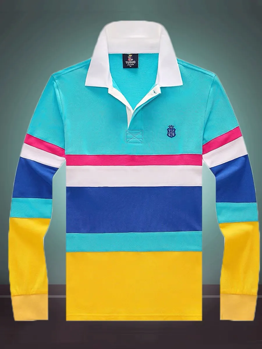 Luxus-Qualitäts-Baumwoll-Poloshirt, langärmelig, gestreift, Freizeithemd, Farbkontrast, lockeres, bequemes T-Shirt S-5XL