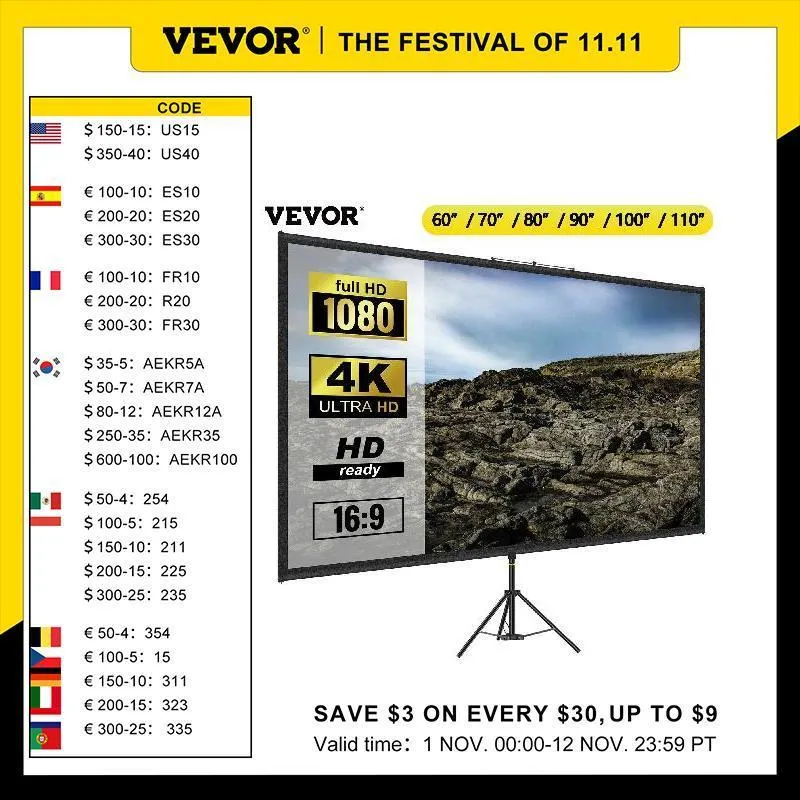 Écrans de projection Vevor 60 70 80 90 100 110 pouces écran de projecteur de trépied avec stand 16 9 4k HD Cinéma de maison portable pour intérieur extérieur 221102