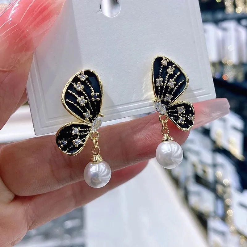 Dangle & Chandelier 2022 Fashion Pearl Black Butterfly Drop Earrings For Women Korean Style Micro Pave New Jewelry