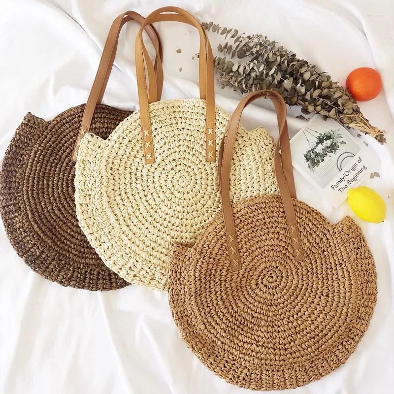 Evening Bags 2022 Summer Round Straw For Women Rattan Shoulder Bag Handmade Woven Beach Handbags Female Message Handbag Totes KL1094