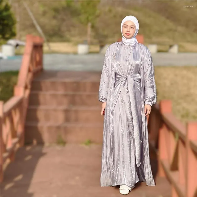 Etnik Giyim Müslüman Moda Takım Renkli Çok renkli 3 Parça Düz Renk Fas Kaftan Abaya Türkiye İslami Jalabiya Robe