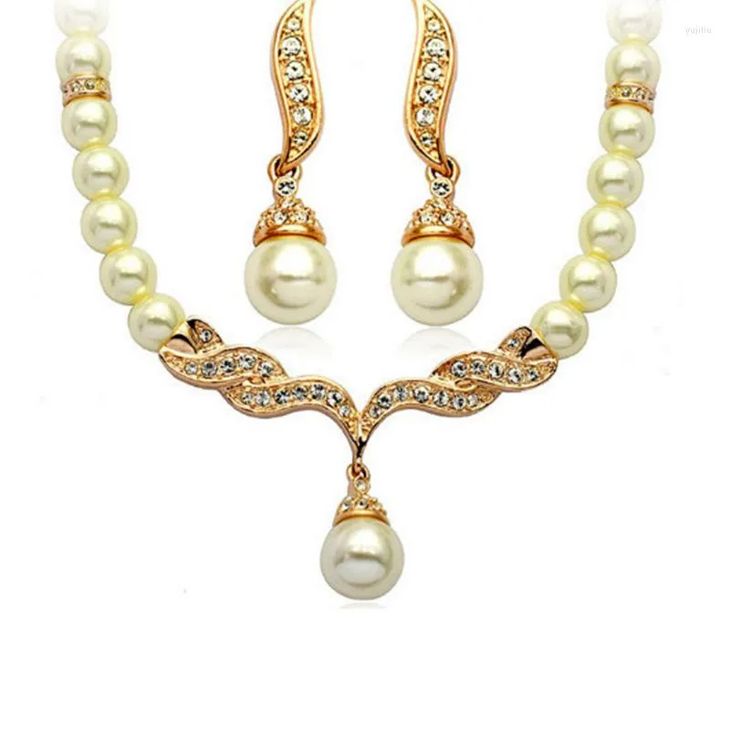 Naszyjnik Zestaw 2022 Kreatywny złoty kolor 1PAIR Wedding Bridal Pearl Rhinestone Biżuteria dama biżuteria dla kobiet