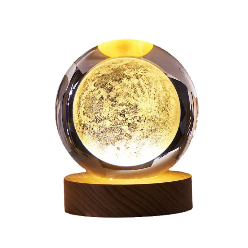 Kreatywne kryształowe planety kulkowe globe rzemiosło 3D grawerowany układ słoneczny kulki z litego drewna baza Luminous Crystal LED LED Mały ozdoba ZXF40
