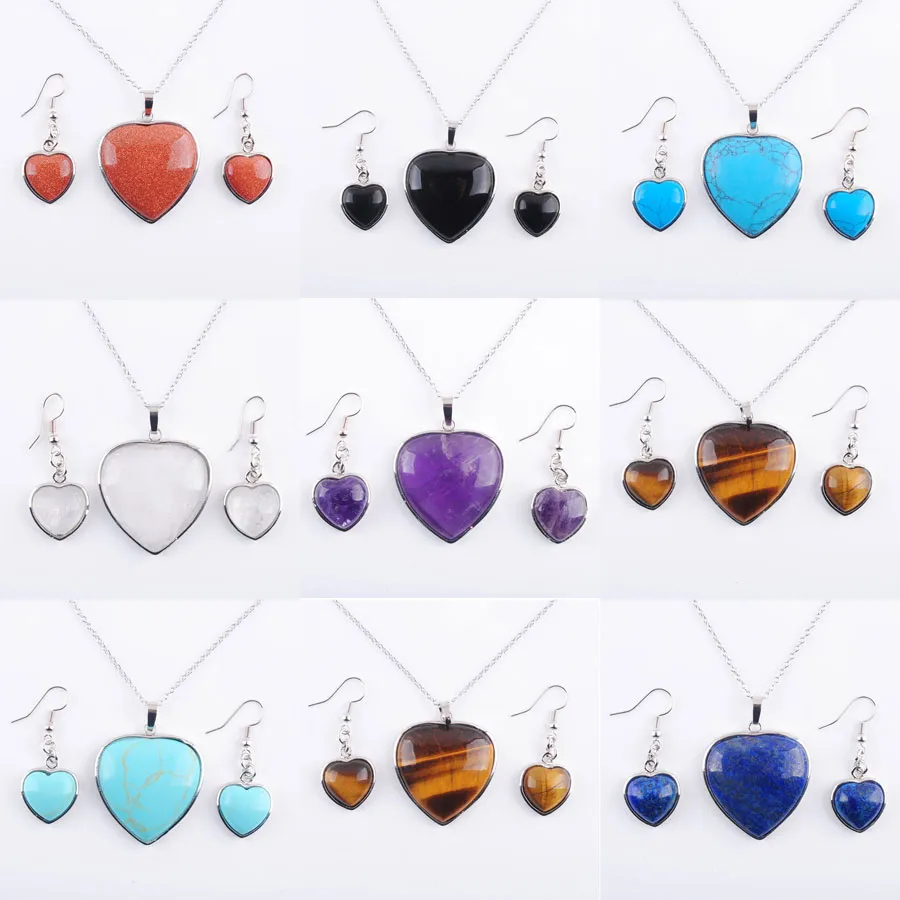 Jewelry Set For Women Pendant Necklace Hoop Earrings Party Love Heart Reiki Chakra Beads Stone Amethysts Agates Crystal BQ308