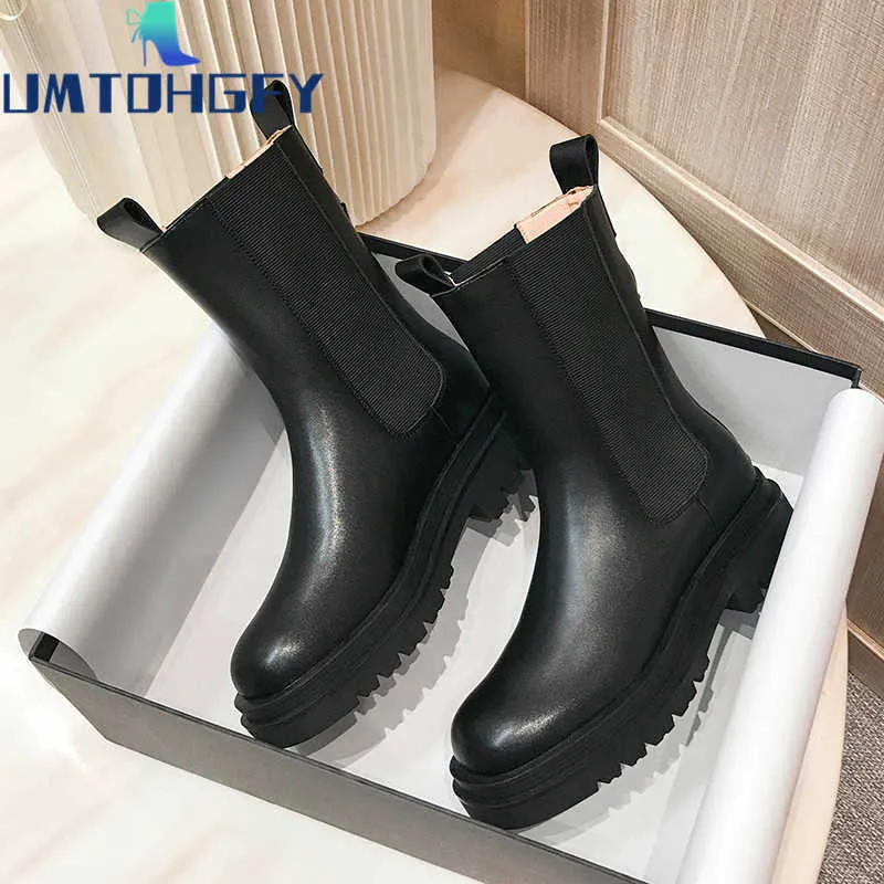 Botas Genuel Leather 41 42 43 Luxury Chelsea Women Platform Lady Chunky Winter Shoes Tobillo corto Tacón grueso diseñador J220923