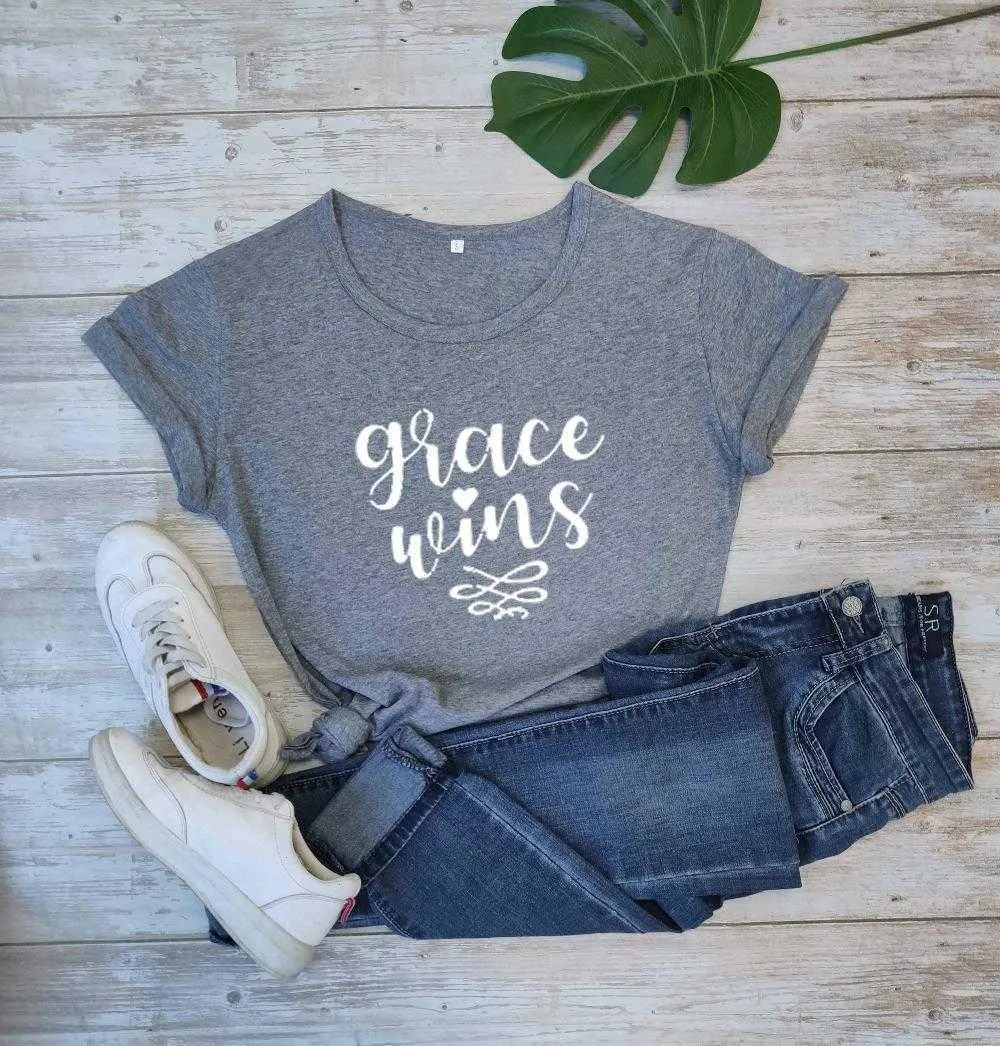 Womens Grace Wins T Shirt Christian Jesus Motivational Tee Religion Slogan Quote