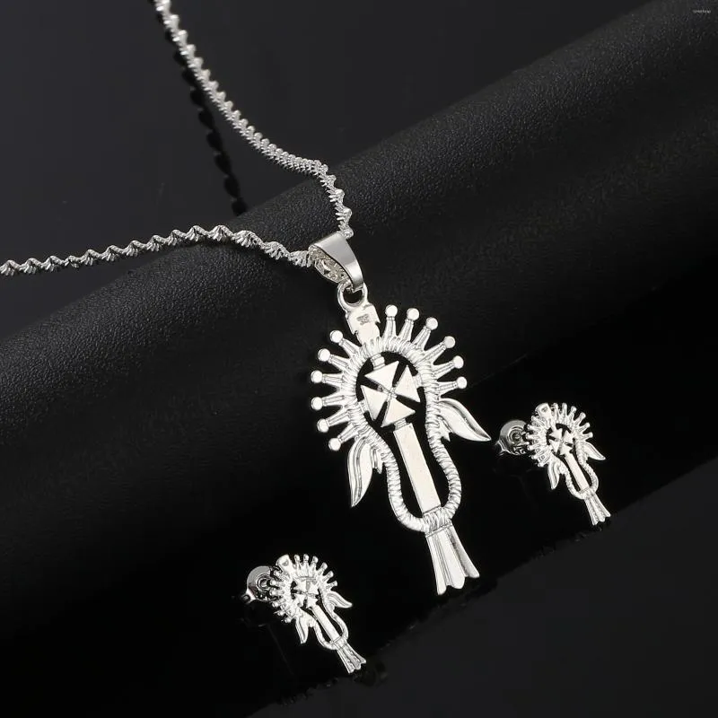 Halsband Örhängen Set Etiopiskt Silver Färg Cross Hänge Halsband För Kvinnor Flickor Eritrea Afrikanska Kors Smycken