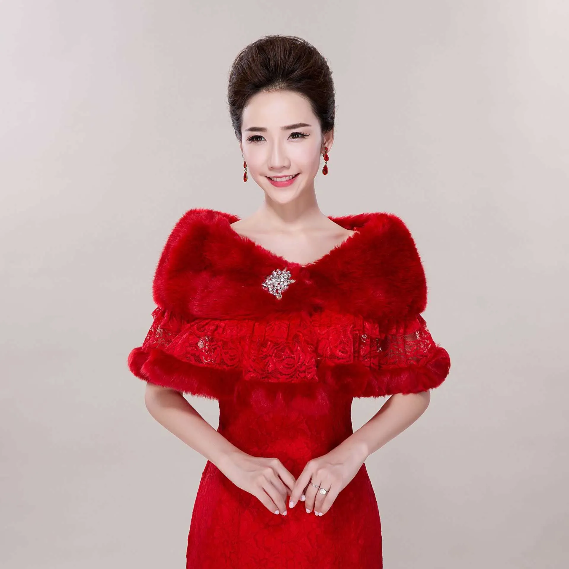 Lace Stitching Fur Shawls Red Bridal Faux Rabbit Fur Wraps and Scarves Tulle Embroidered Stoles