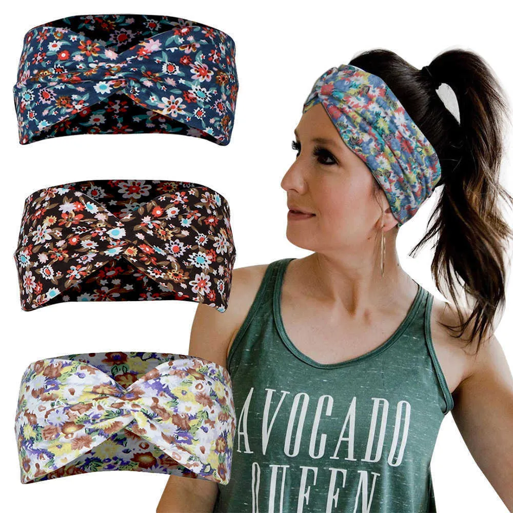 Yoga hårband Floral Print Women Yoga Hair Bands Stretch Elastic Gym Running Cycling Headwear Fitness Outdoor Sport Sweatband Sports Headband L221027