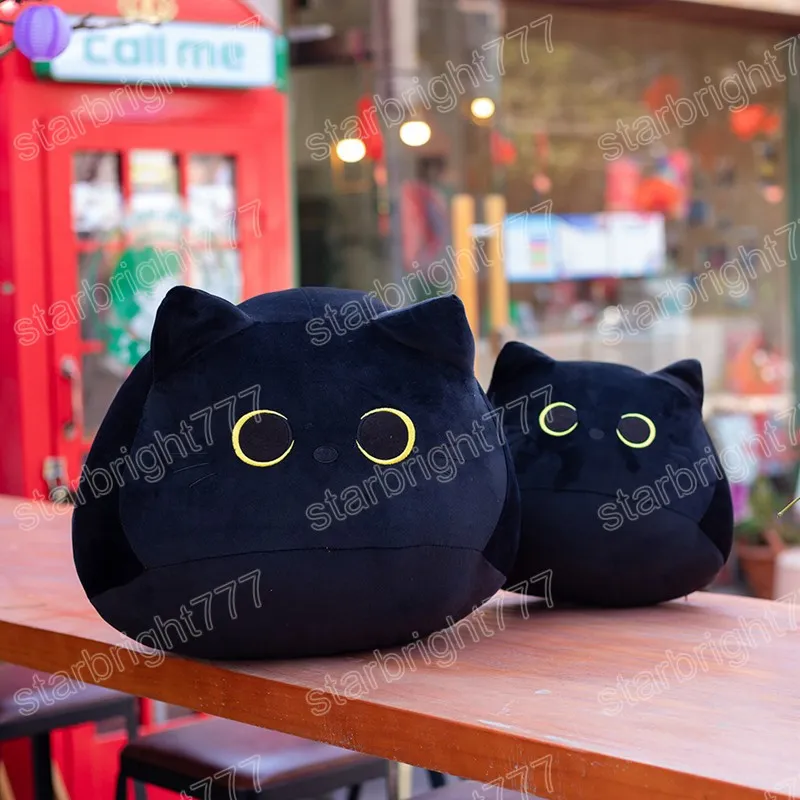 Juguetes de peluche de gato negro Kawaii de 18-40cm, almohada de gato redonda suave, cojín para siesta, regalo creativo de cumpleaños de Navidad para niños