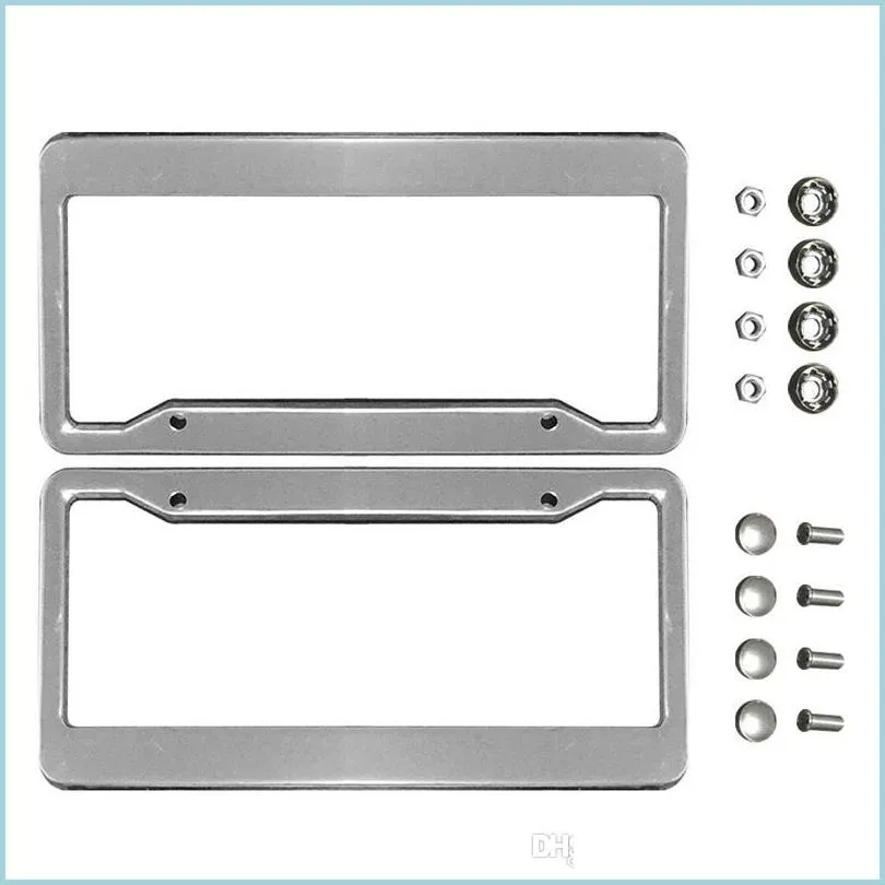 License Plate Frames 2Pcs Sier Chrome Stainless Steel Frames Metal License Plate Frame Tag Er With Screw Caps Car Styling Drop Deliv Dhceq