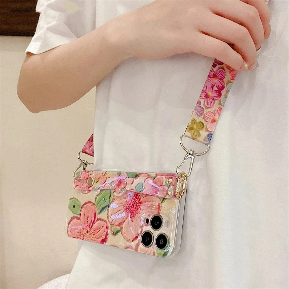 Glitter Flower Wrist Strap Lanyard cases Cord Holder Phone Case For iPhone 13 14 12 11 Pro Max X XR XS Max 7 8 Plus SE Rope Cover