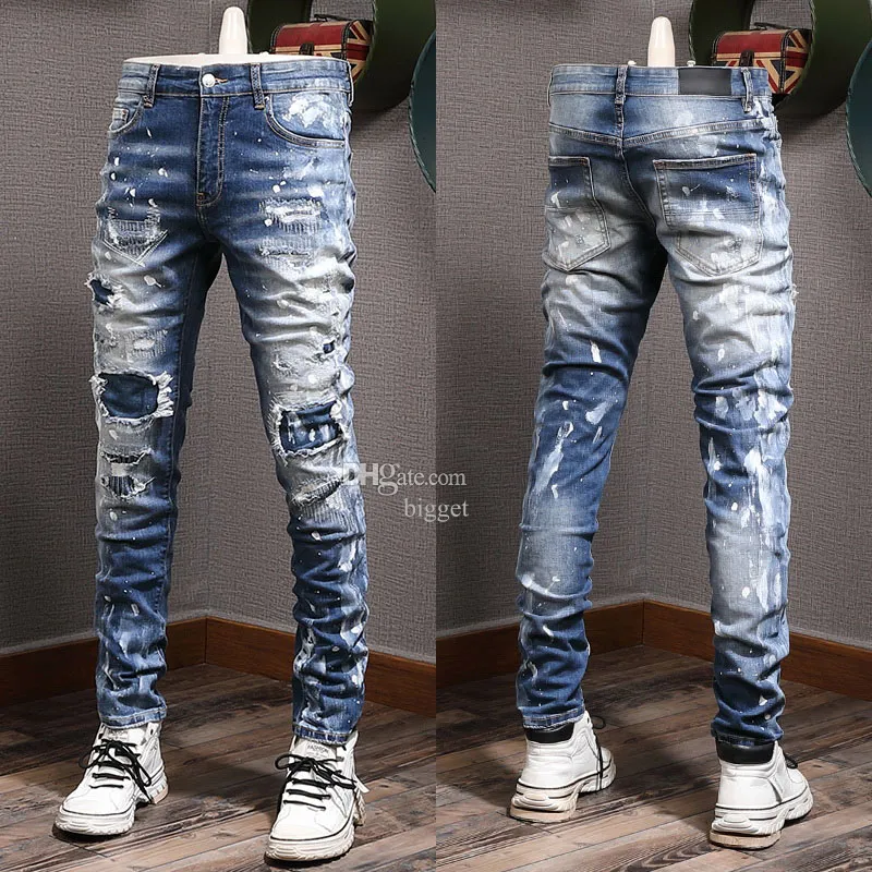 Painted Stitch Detail Jeans Mens Distressed Vintage Slim Fit Leg