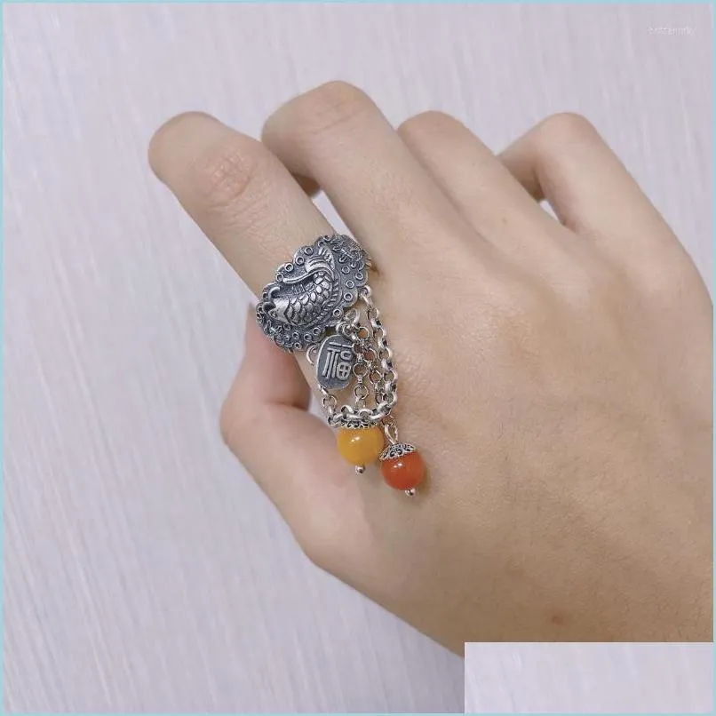 Cluster Rings Retro Ethnic Sier Lotus Fish Tassel Women Chinese Style Beeswax Red Agate Bead Adjustable Finger Rin Dhztf