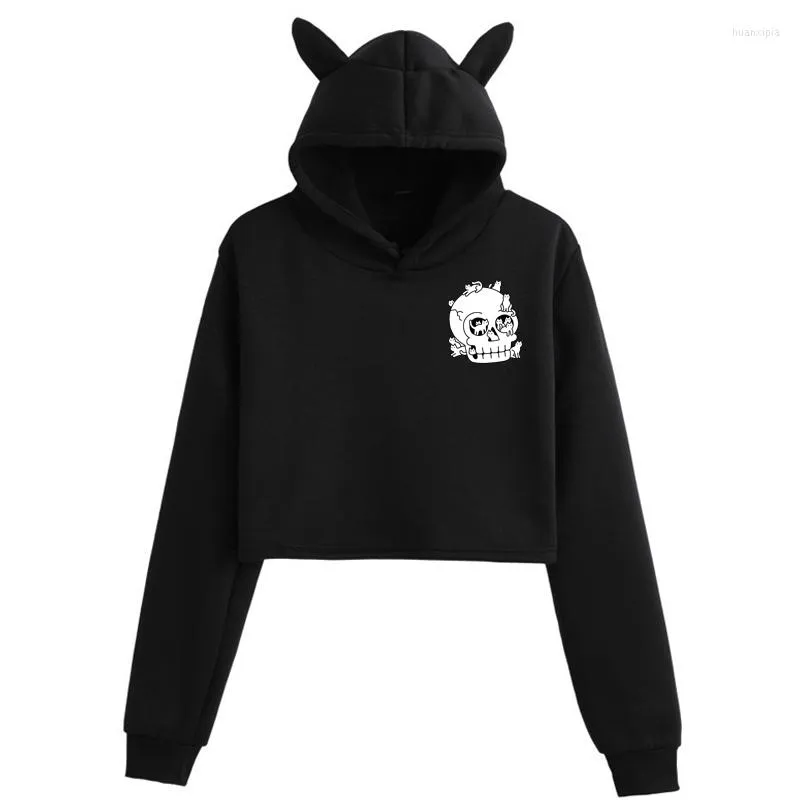 Hoodies للسيدات جمجمة طباعة النساء منذ فترة طويلة محصول ملابس الشارع العلوي الشارع هوديي أزياء مضحكة مقنعين قصيرة