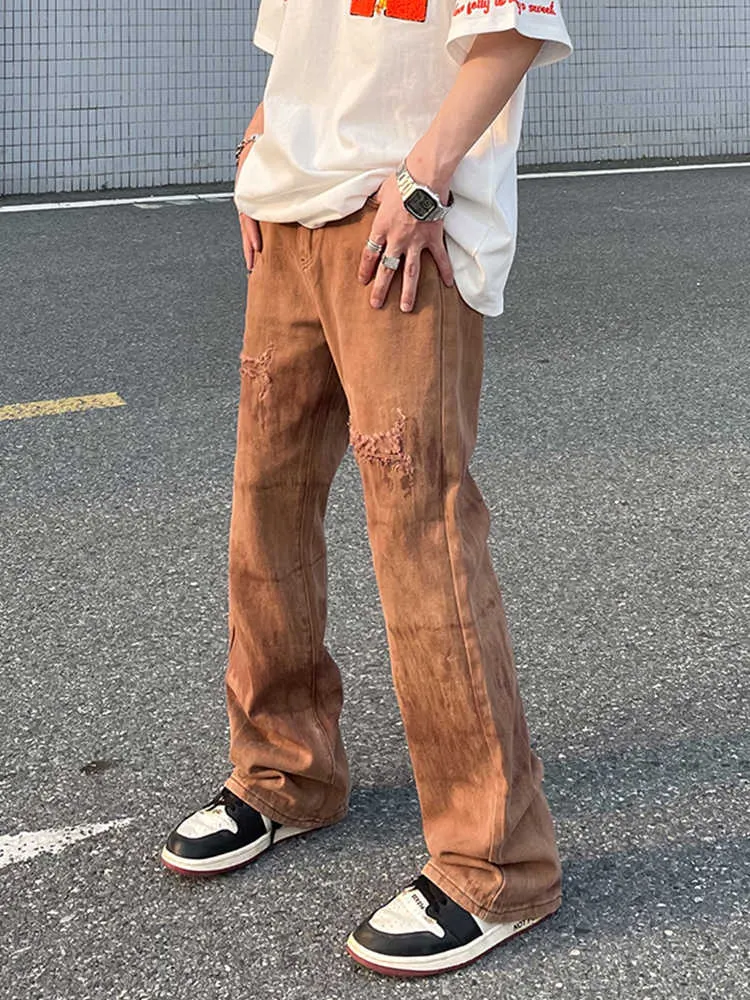 Herr jeans män byxor sommar retro brun lös rak ben rippad pantn homme streetwear casual hög midja nödställd baggy fit jeans t221102