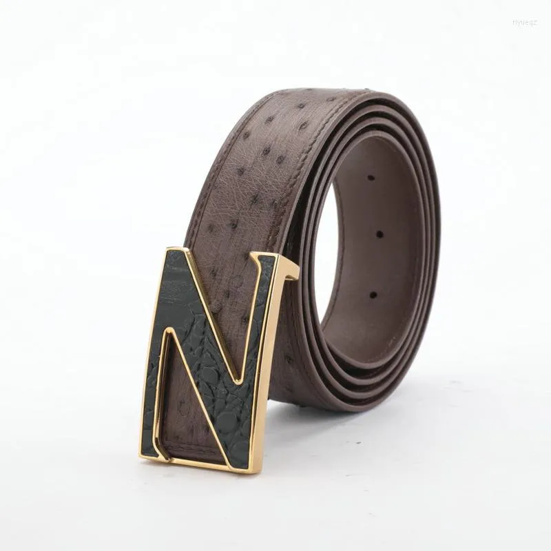 Belts Men's Black Belt Genuine Ostrich Leather High-grade Pants With Plate Buckle Masculino Holographic Cinturon Mujer