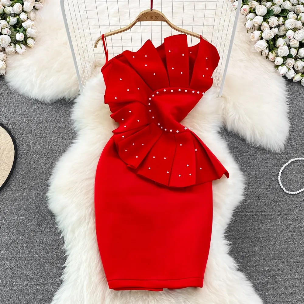 Fashionable Turquoise Silk Strapless Ruffle Neck Dress with Crystals