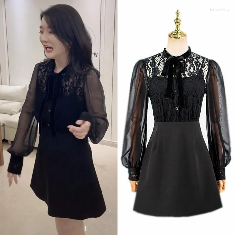 Casual Dresses Kpop Korean Party Temperament Lace Splice Long Sleeve Dress Women Nightclub Sexigt nät