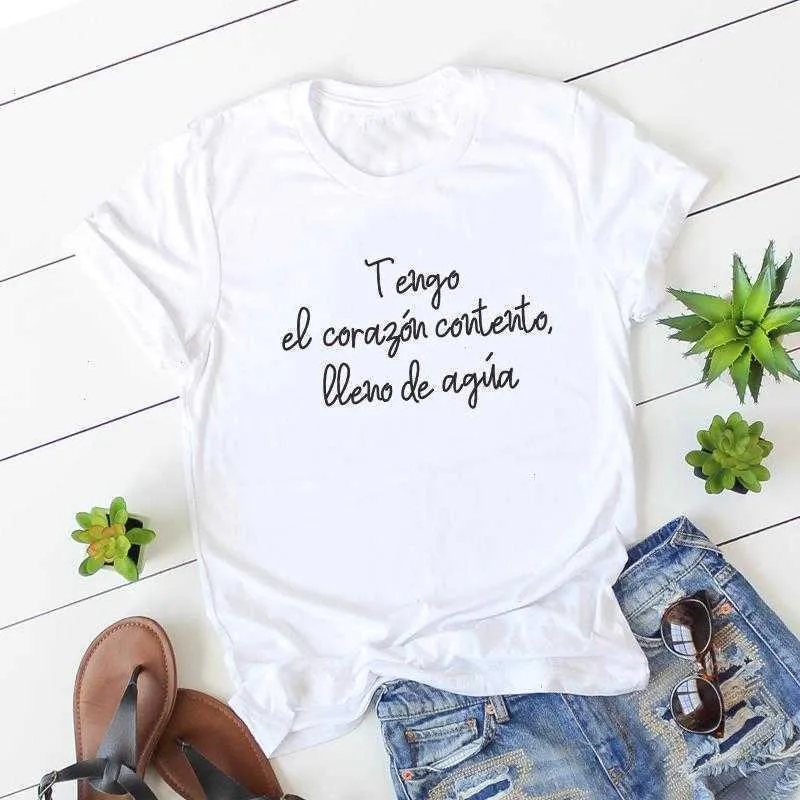 Meu cora￧￣o feliz ￩ camiseta cheia camiseta feminina de ￡gua espanhola engra￧ada camiset￡ mujer