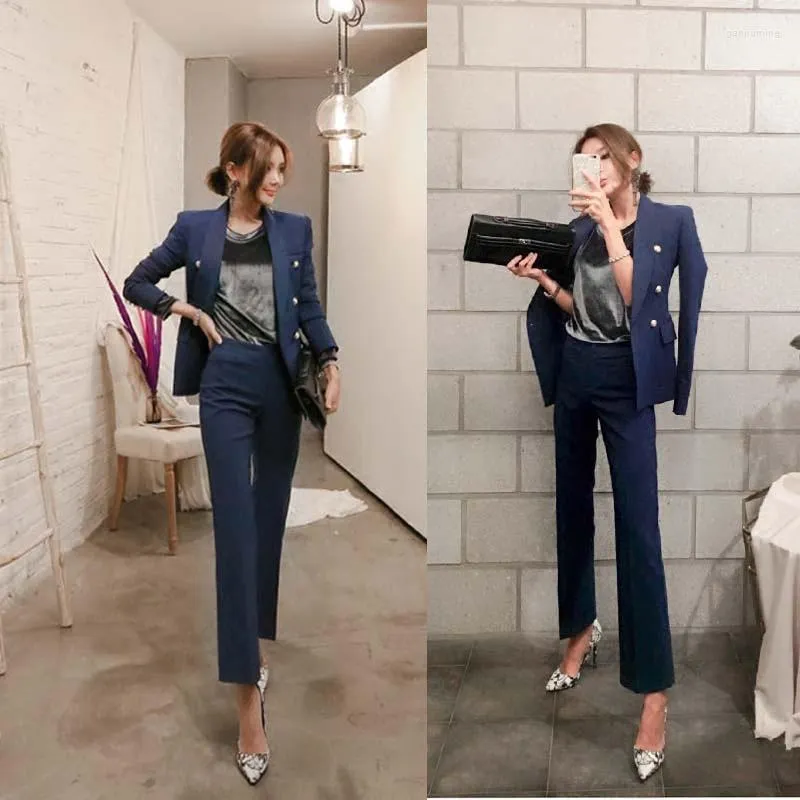 女性の2ピースパンツブレザースーツソリッドレディーススーツ2セットロングジャケット女性高品質のビジネス服装フレア