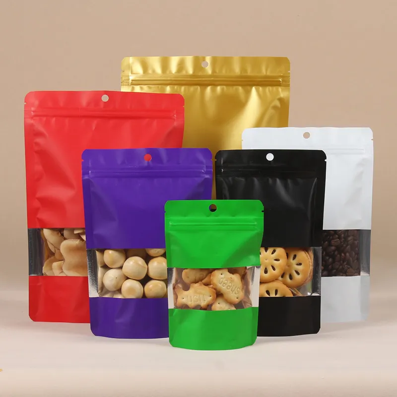 Colorful Aluminum Foil Mylar Bag Food Storage Bags Hang Hole Black White Self seal Stand Up Pouch Bag With Window LX4783