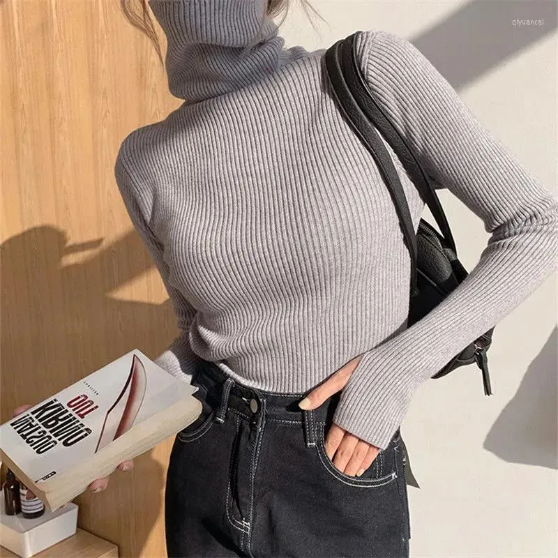 Pulls pour femmes 2022 couleur unie basique col roulé femmes automne hiver hauts pull mince tricoté pull pull doux chaud gris