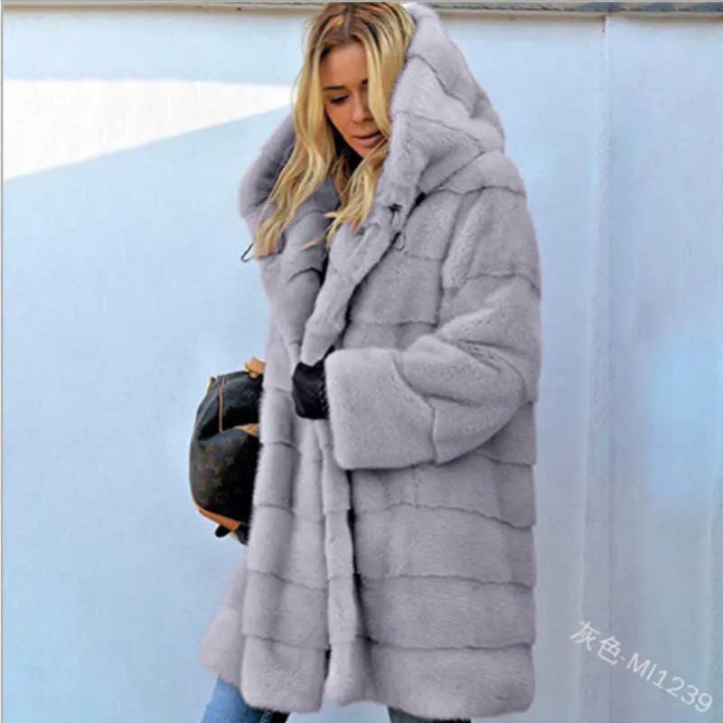 Futro damskie sztuczny futra moda solidny kolor luźny pluszowy płaszcz z kapturem na długi czas rękawowy faux fur