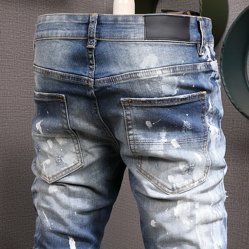 Jeans Con Dettagli A Punto Dipinto Pantaloni Da Uomo In Denim Con