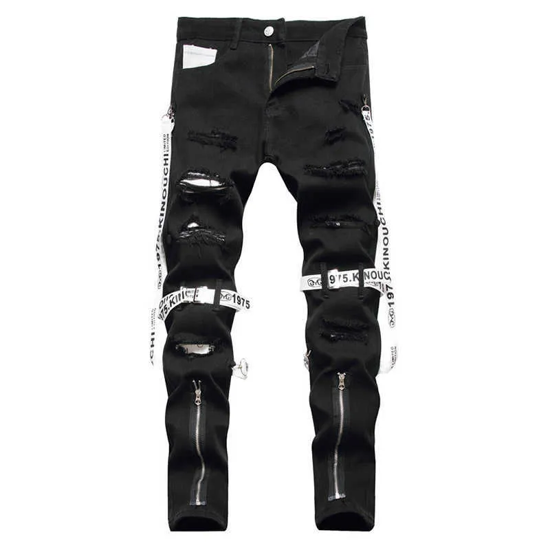 Herr jeans män punk blixtlås svarta jeans trendiga streetwear hål rippade denim byxor band smala raka byxor t221102