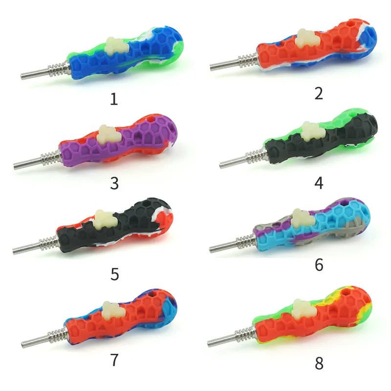 Silikon-Rauchpfeifen Dab Straw Titan-Nagelspitze, Zwei-Anwendungs-Set, Hand-Kräuterpfeife, 10 mm Ti-Spitzen, Silikon, FDA-Qualität, Glow in Dark Bee