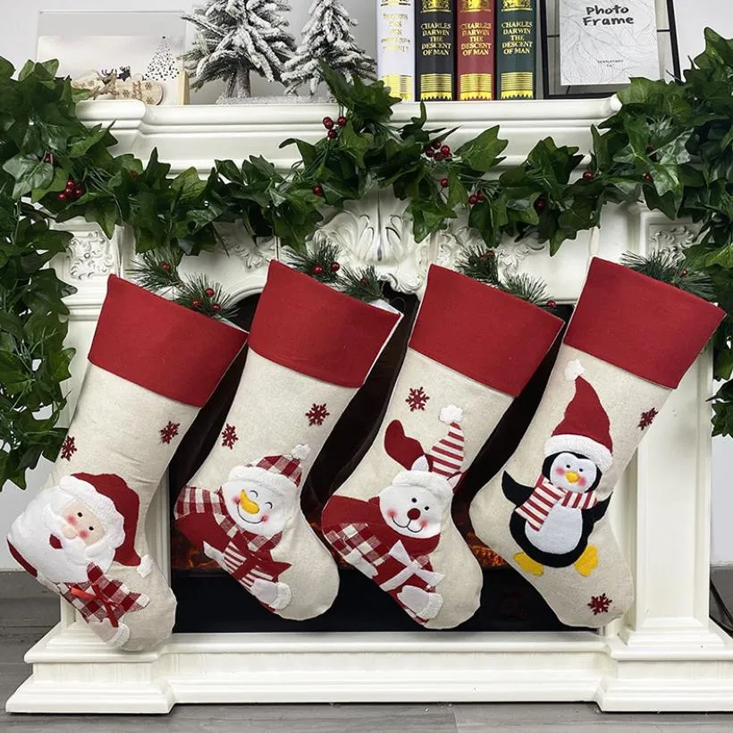 Большой 48-сантиметровый рождественский носки имитация льняной льняной снеговики Санта-Клаус снеговик лось мультфильм Печатный пакет с рождественски