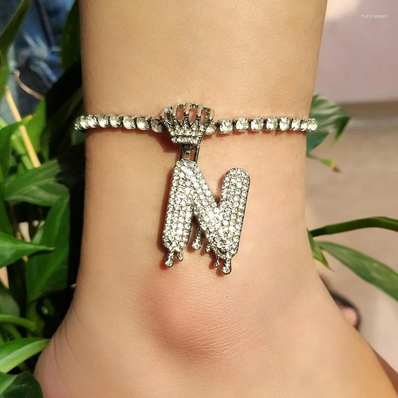 Anklets Flatfoosie Bling Rhinestone Crown Letter Początkowa bransoletka dla kobiet luksusowy kryształowy łańcuch kostki biżuteria nóg boso