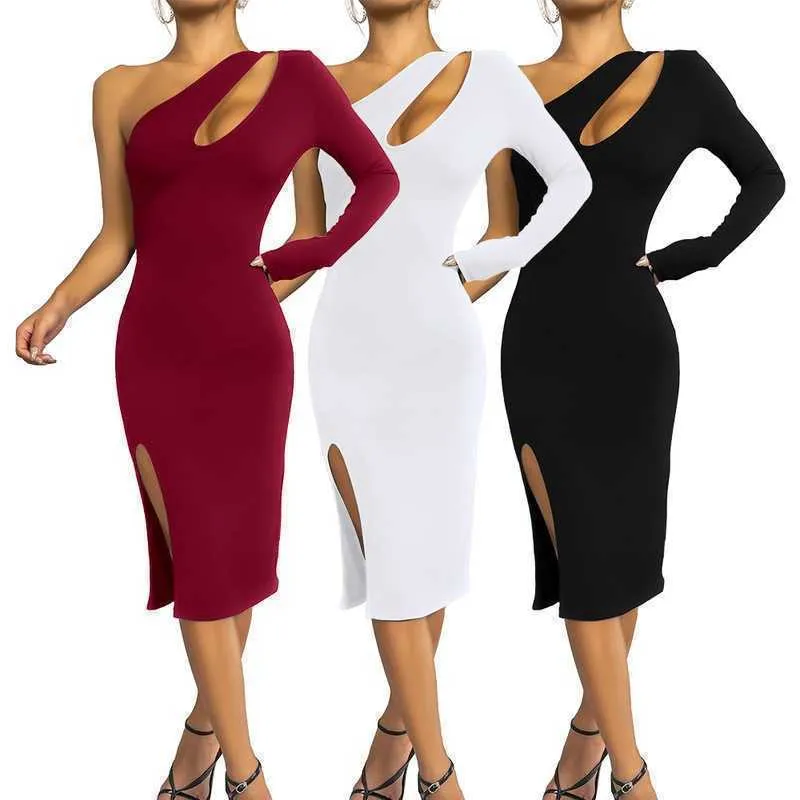 Automne 2022 Robe de femme couleur Couleur solide une épaule sexy bandage creux de cocktail robes pour les femmes habillées en soirée pour femmes