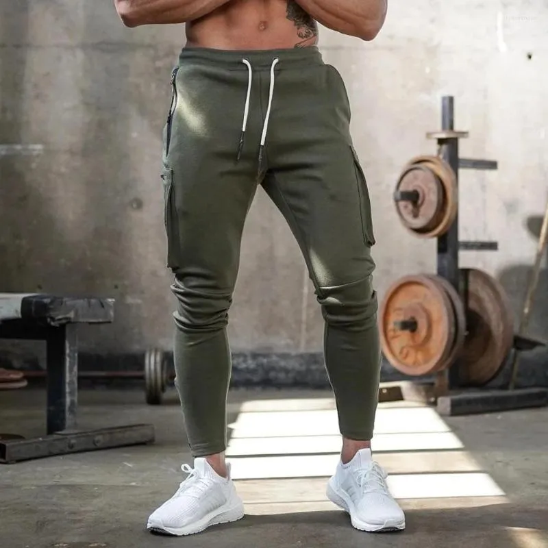 Pantalons masculins joggeurs pantalons de surv￪tement masculins skinny contrants multi-pochers masculin piste de fitness de gym