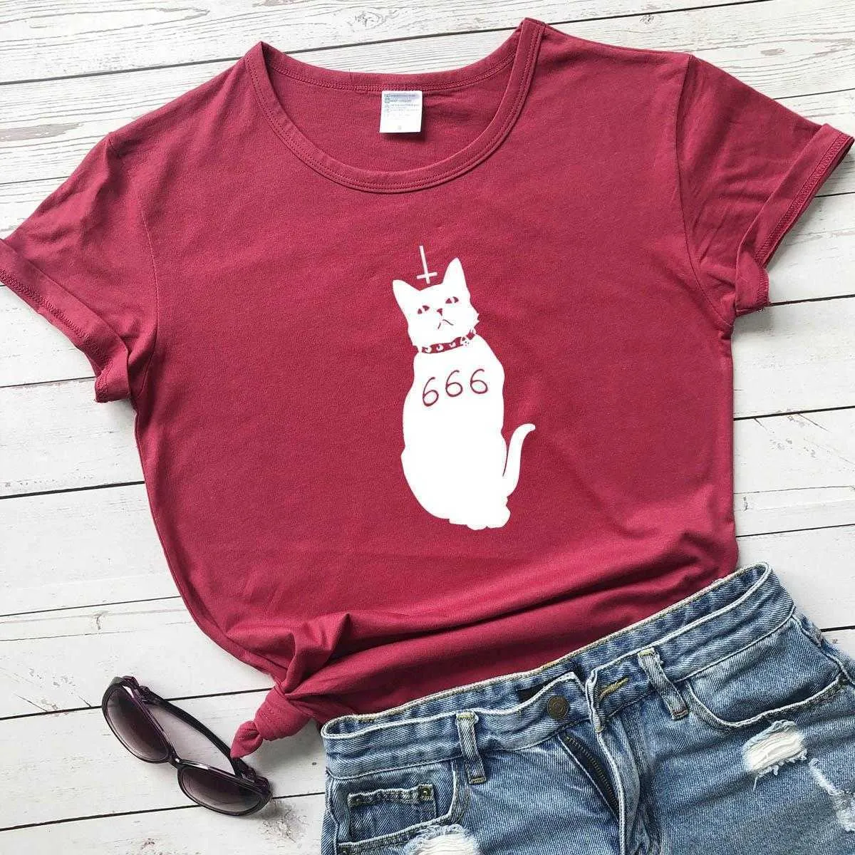 666 Cat Funny Tops Gothic Women Fashion Pure Casual Hipster Party Young T Shirt