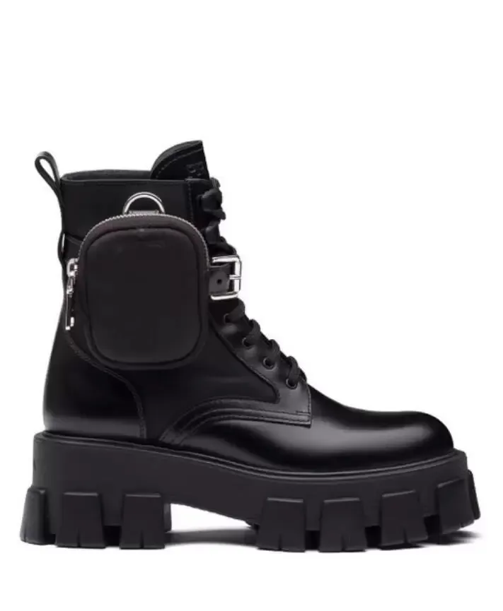 Bottines pour femmes, chaussures à plateforme, bottes de combat, bottes courtes, cuirs vernis noirs, cuir monolithe, semelle à crampons en nylon, lacets noirs pour femmes