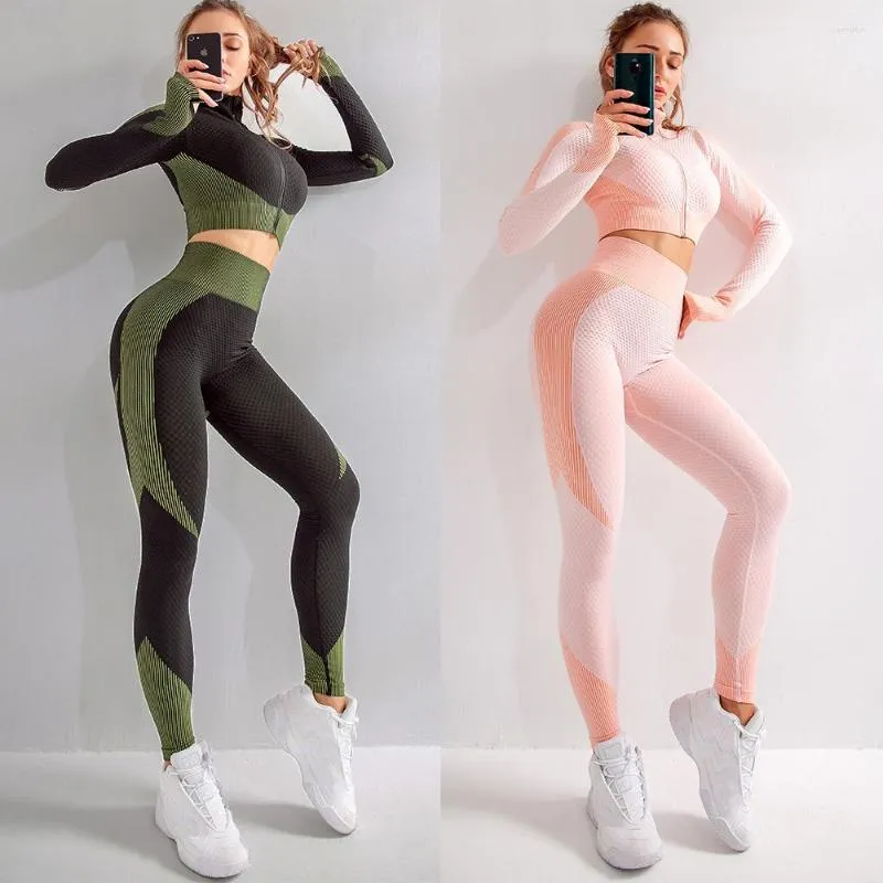 Ensembles actifs sans couture femmes 2 pièces ensemble Push Up Leggings haut soutien-gorge Yoga Sport Fitness vêtements Gym costume haut court taille haute