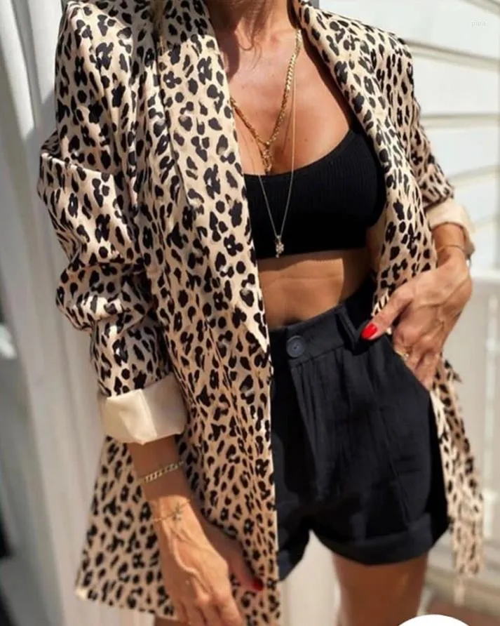 Ternos Femininos Casacos Mulher Inverno Outono 2022 Escritório Moda Moda Estampa Leopardo Gola Xale Manga Comprida Blazer Trabalho Elegante All-Match