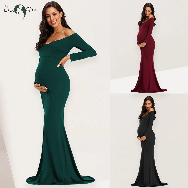 Maternity Dresses Pink Off Shoulder Long Sleeve Fitted Sheath Pregnancy Dress Po Shoot Vestidos fiesta noche 221101