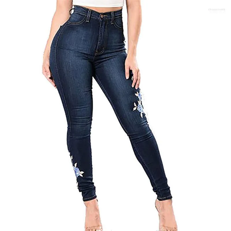 Jeans feminino Feminino Jaycosin Roupas magras damas de cintura alta Bordado de flor As calças jeans de jeans slim calças lápis
