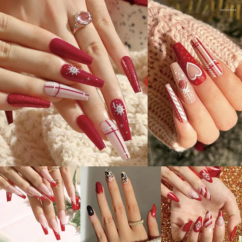 Faux Ongles Éléments De Noël Long Cercueil Flocon De Neige Design Rouge Blanc Fini Fausse Presse Sur Gros Goutte