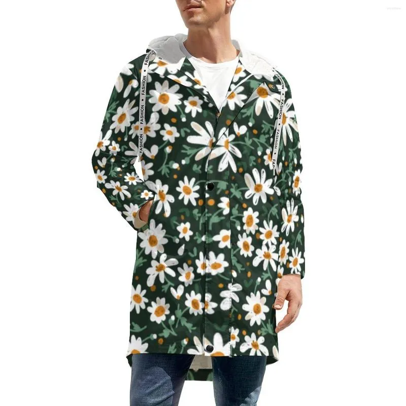 Trench de trincheira masculina elegante margarida branca impressão de flor branca longa casual grossa quente e windbreak homem graphic street moda de inverno solto de inverno 5xl 6xl