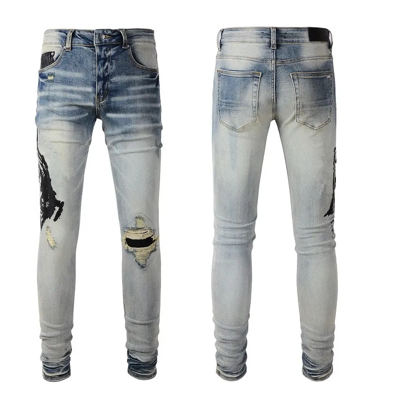 Homens Jeans para Mens Designer Homem Jeans Skinny Rip Rock Denim Biker Moda Red Patches Crânio Bordado Halloween Hip Hop Calças Perna Reta Slim Fit Zipper